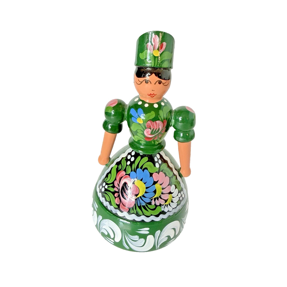 Hungarian Handpainted Lady Wooden Folk Art Trinket Box Wood Green